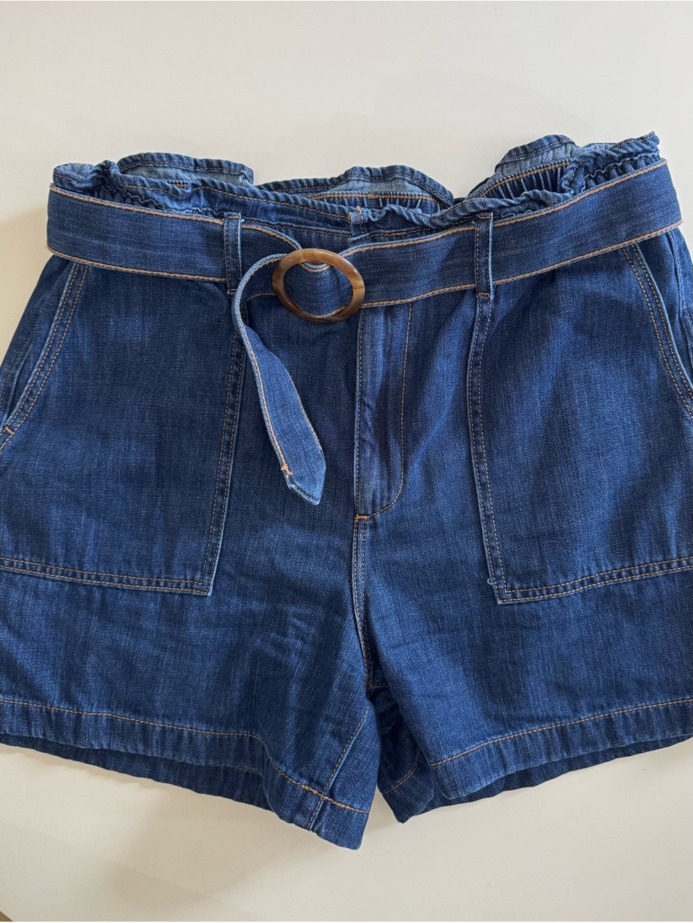 Joe Fresh | Indigo Denim Paperbag-Ruffle Waist Shorts w/ Ring Belt High Waisted